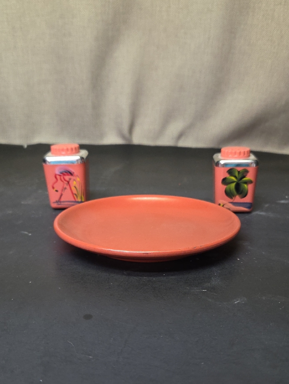 Vintage Souvenir Salt & Pepper Shakers Steri-lite And Lifetime Ware Plate